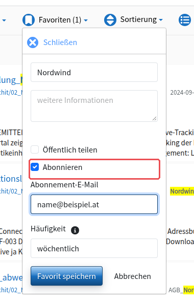“Create new Bookmark” form with the “subscribe” (“Abonnieren”) check box ticked, subscription email and frequency