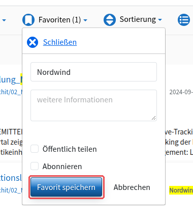 “Create new Bookmark” (“Favorit anlegen”) form with title, further information, “share with others”, “subscribe” and “Save Bookmark”