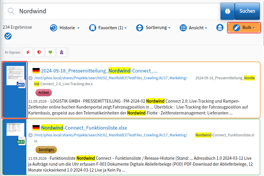 Result list with the first result selected (blue bar on the left); the Bulk menu is highlighted