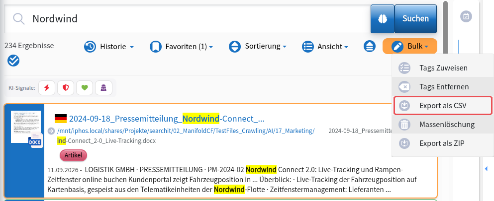 Open Bulk menu; “Export as CSV” is highlighted