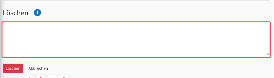 “Delete” area with input field for the justification, below it “Delete” and “Cancel”