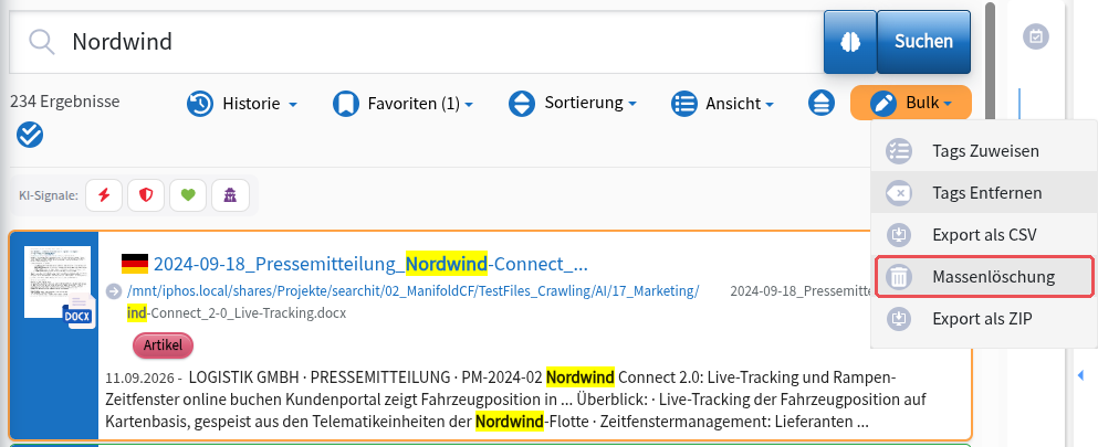 Open Bulk menu; “Bulk delete” is highlighted