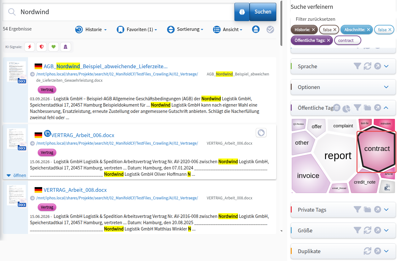 “Public Tags” filter with the tag “contract” selected; the result list shows the assigned results