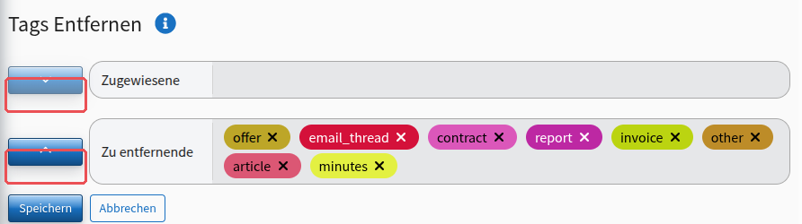 All assigned tags moved to the “To be unassigned” row; the two arrow buttons are highlighted