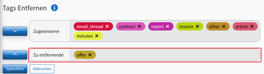 “Tags Unassign” area: at the top the assigned tags, below the “To be unassigned” row with one tag