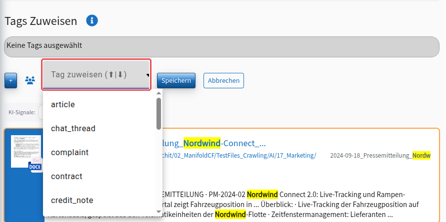 “Tags Assign” area with the tag list open