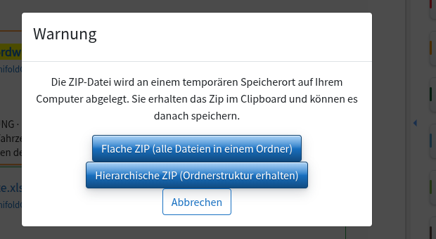 Dialog with “Flat ZIP”, “Hierarchical ZIP” and “Cancel”