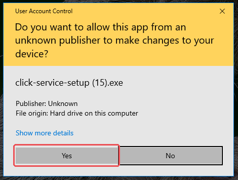 User Account Control: prompt for click-service-setup.exe, publisher unknown