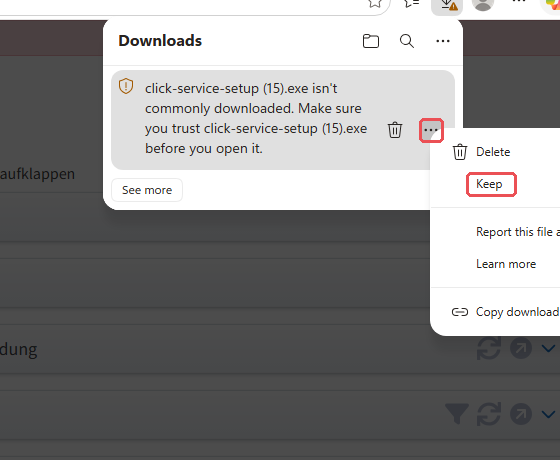 Browser download list: the setup is held back, the menu shows Keep