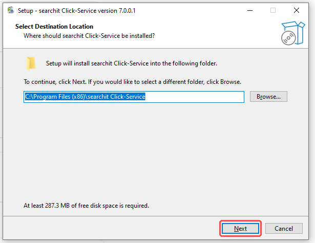 Setup step Destination folder with the default C:\Program Files (x86)\searchit Click-Service