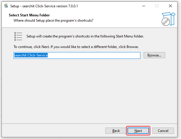 Setup step Start menu folder