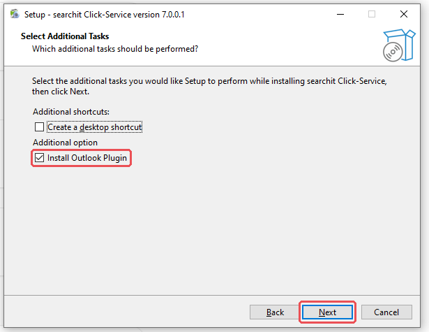 Setup step Additional tasks: desktop shortcut off, Outlook plugin on