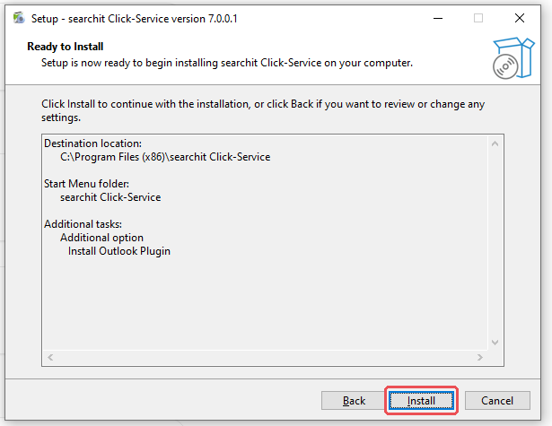 Setup step Ready to install with a summary of the settings