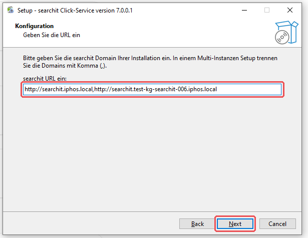 Setup step Configuration with two searchit addresses separated by a comma