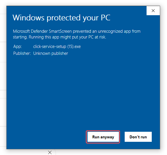 SmartScreen dialog after clicking More info, with the Run anyway button