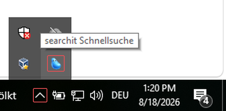 The searchit icon behind the arrow for hidden icons, with the tooltip searchit Schnellsuche (quick search)
