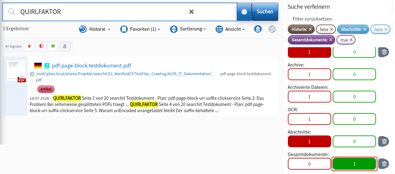 Green selected under “Gesamtdokumente”: the result list shows the document as a whole