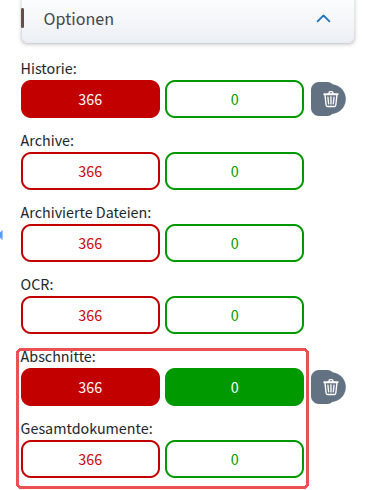 “Options” filter with the buttons for sections (“Abschnitte”) and whole documents (“Gesamtdokumente”)