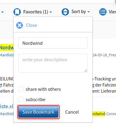 Формуляр „Create new Bookmark“ със заглавие, допълнителна информация, „share with others“, „subscribe“ и „Save Bookmark“