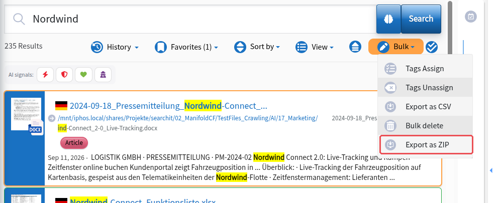 Отворено меню Bulk; маркирано е „Export as ZIP“