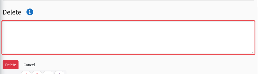 Област „Delete“ с поле за обосновката, под него „Delete“ и „Cancel“