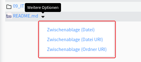 Menü an einer Datei: Zwischenablage (Datei), (Datei URI), (Ordner URI)