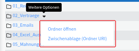 Menü an einem Ordner: Ordner öffnen, Zwischenablage (Ordner URI)