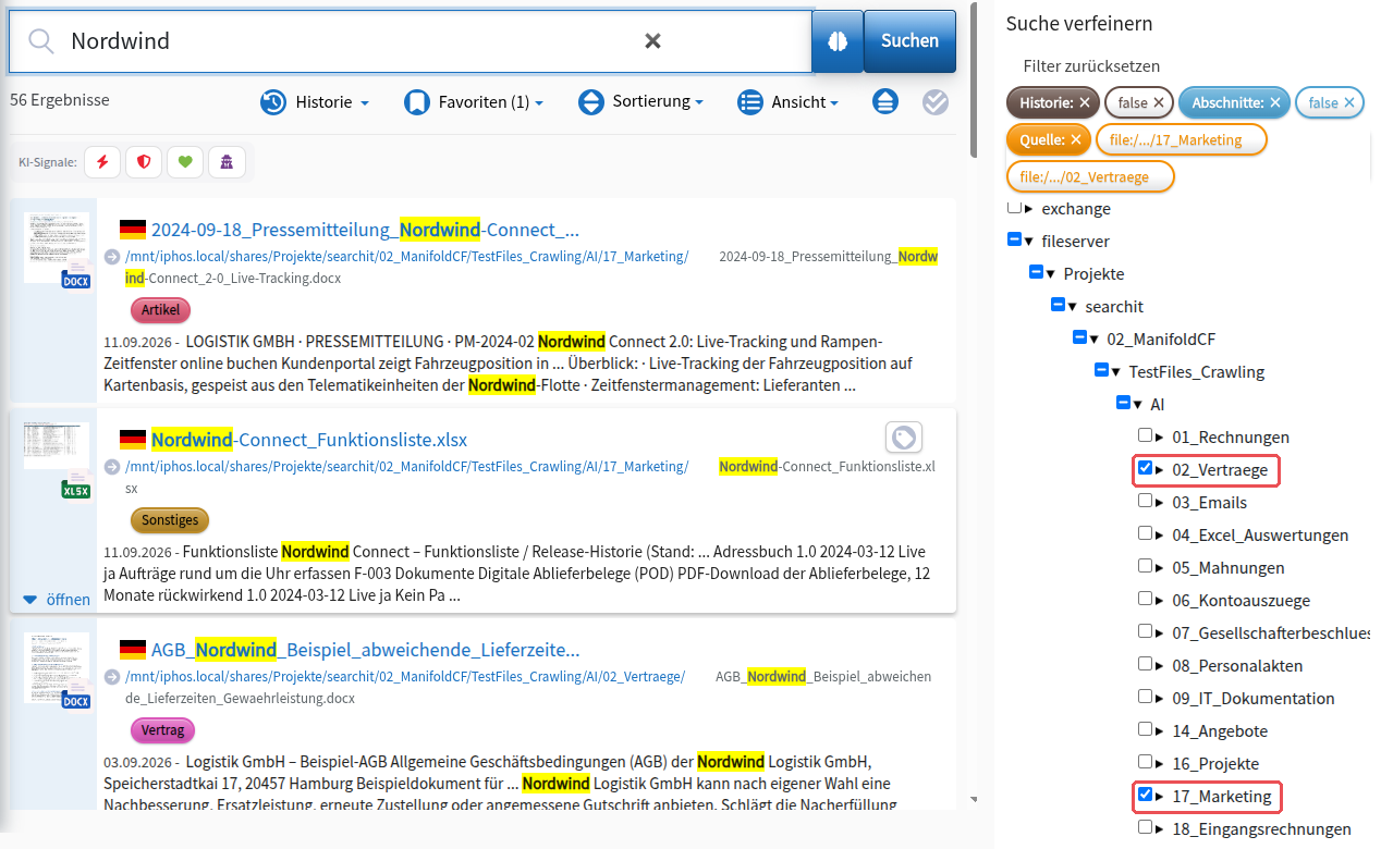 Result list with two selected folders in the “Source” filter; the active filters at the top