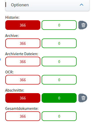 Filter “Options” (“Optionen”) with yes/no buttons for history, archives, archived files, OCR, document parts and main documents