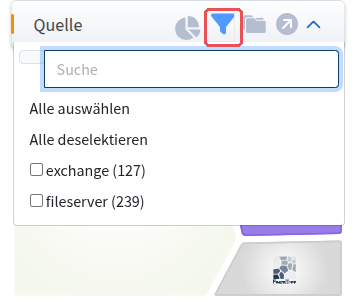 Filter “Source” with the funnel list open: search field, Select all, Uncheck all, entries with count