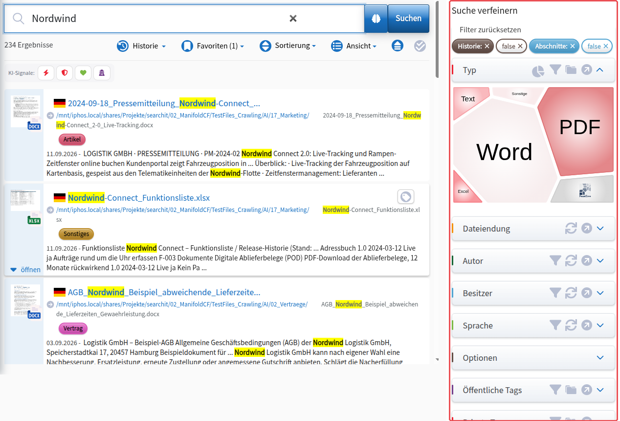 Result list with the filter column “Refine search” (“Suche verfeinern”) on the right, highlighted