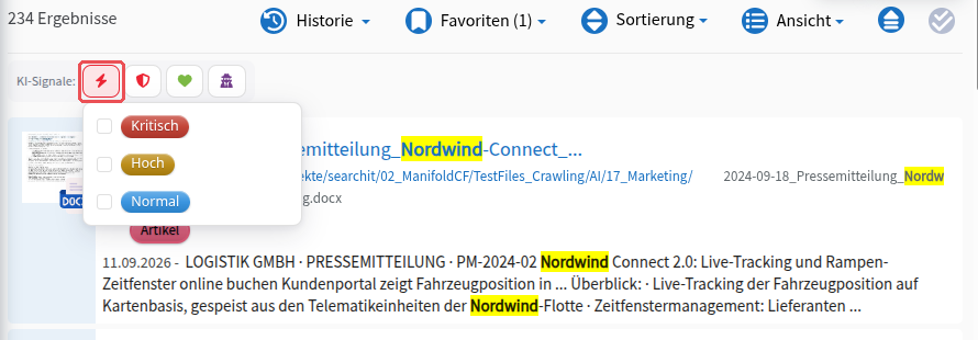 “AI signals” (“KI-Signale”) bar above the result list; the “Urgency” (“Dringlichkeit”) icon highlighted and open with Critical, High, Normal (Kritisch, Hoch, Normal)
