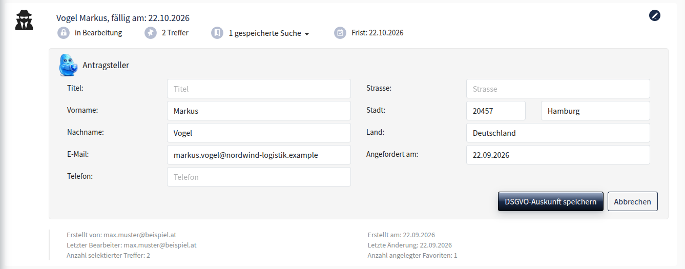 Aufgeklappte Abfrage mit den Angaben zum Antragsteller und den Erstellungsinformationen