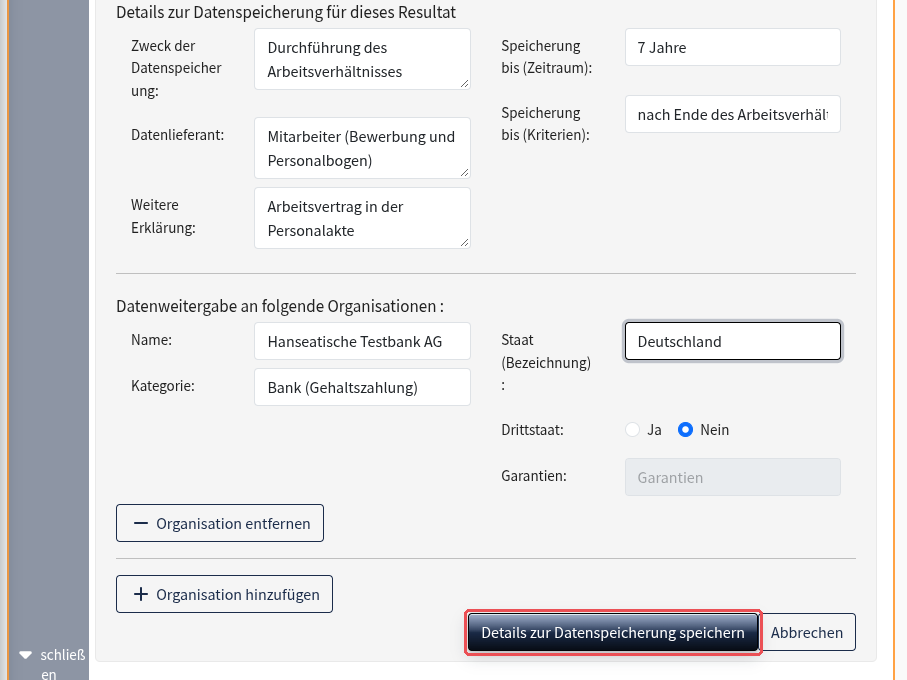 Details zur Datenspeicherung eines Treffers: Zweck, Datenlieferant, Speicherdauer, Datenweitergabe