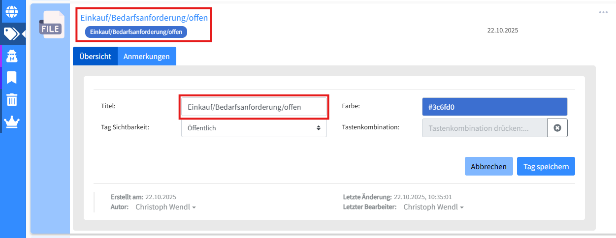 Screenshot of managing tags with searchit