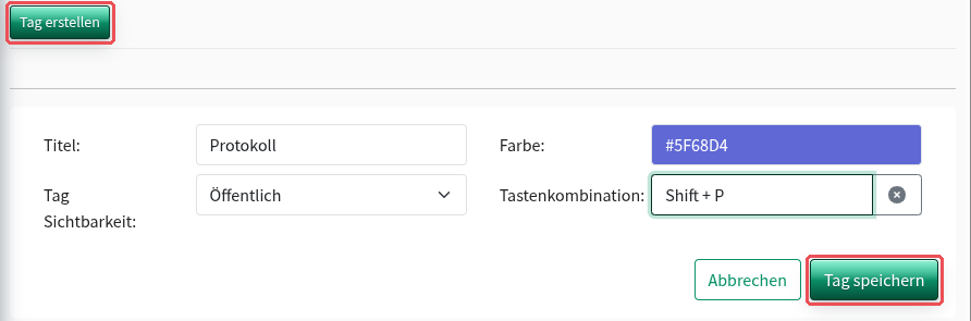 Tags module: form after “Create tag” with Title, Tag visibility, Color and Keyboard Shortcut; “Create tag” and “Save tag” highlighted