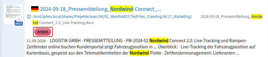 Result with the public tag “Artikel” below the title and path