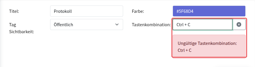Keyboard shortcut “Ctrl + C” with the message “Invalid keyboard shortcut” (“Ungültige Tastenkombination”)