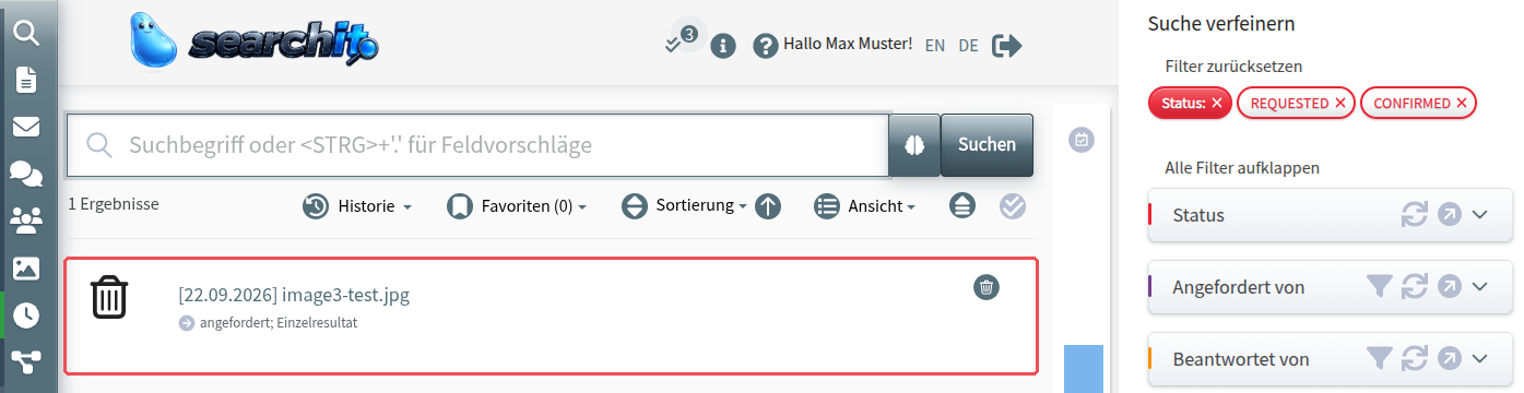 Modul „Änderungsanfragen“ mit einer offenen Löschanfrage