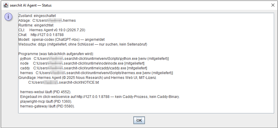 The status view: state, runtime, model, web search, the programs called and the running components