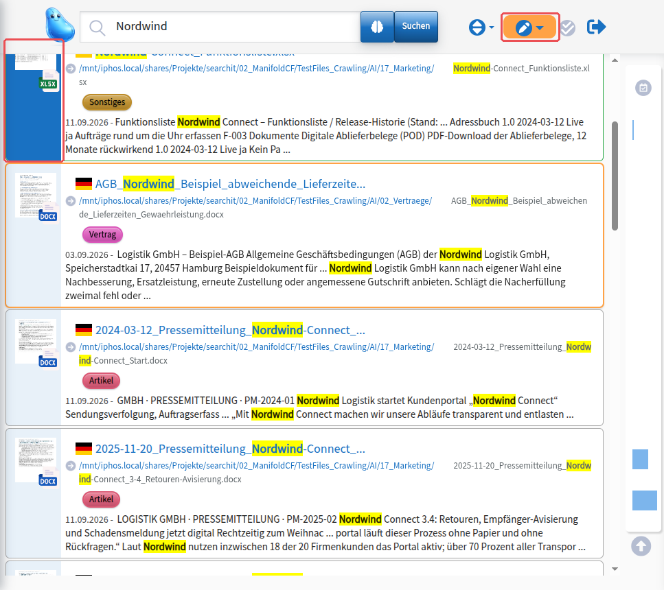 Active Mode mit ausgewählten Treffern; markiert der Knopf „Bulk“