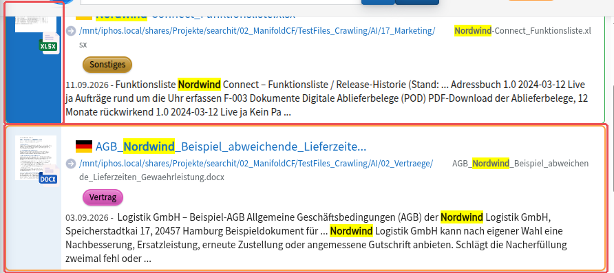 Trefferliste im Active Mode: ausgewählte Treffer vorne blau hinterlegt, der aktive Treffer orange gerahmt