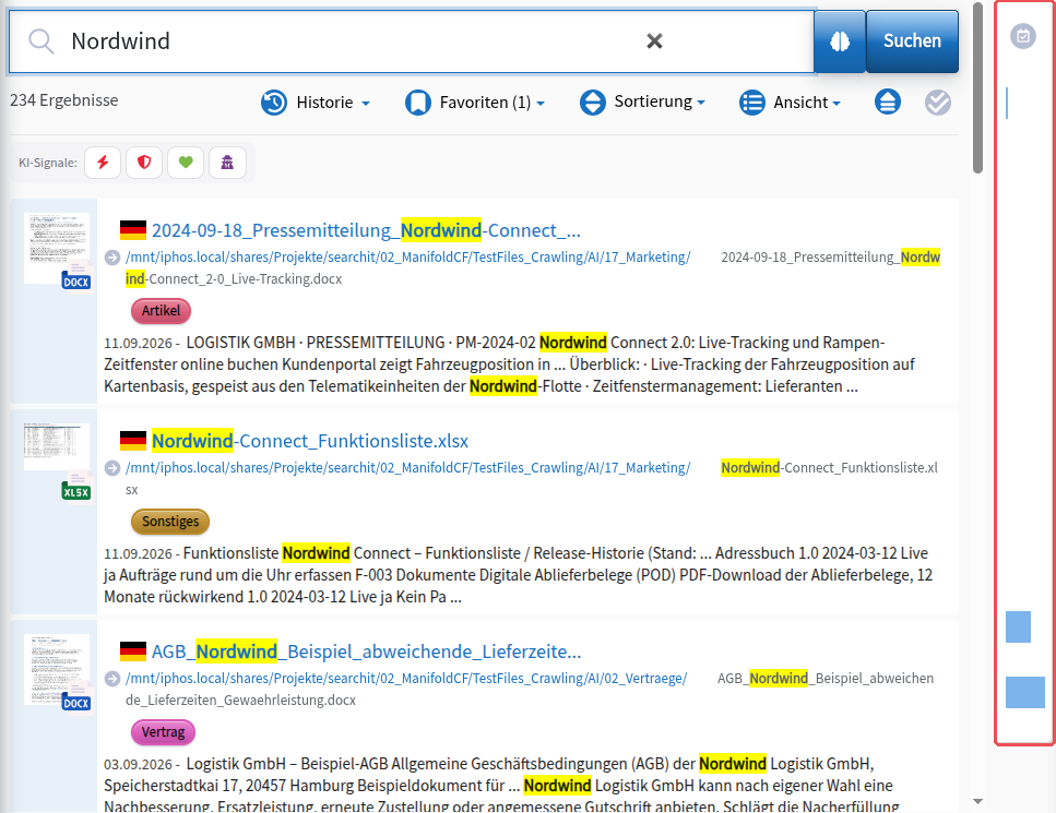 Result list with the timeline to its right, highlighted